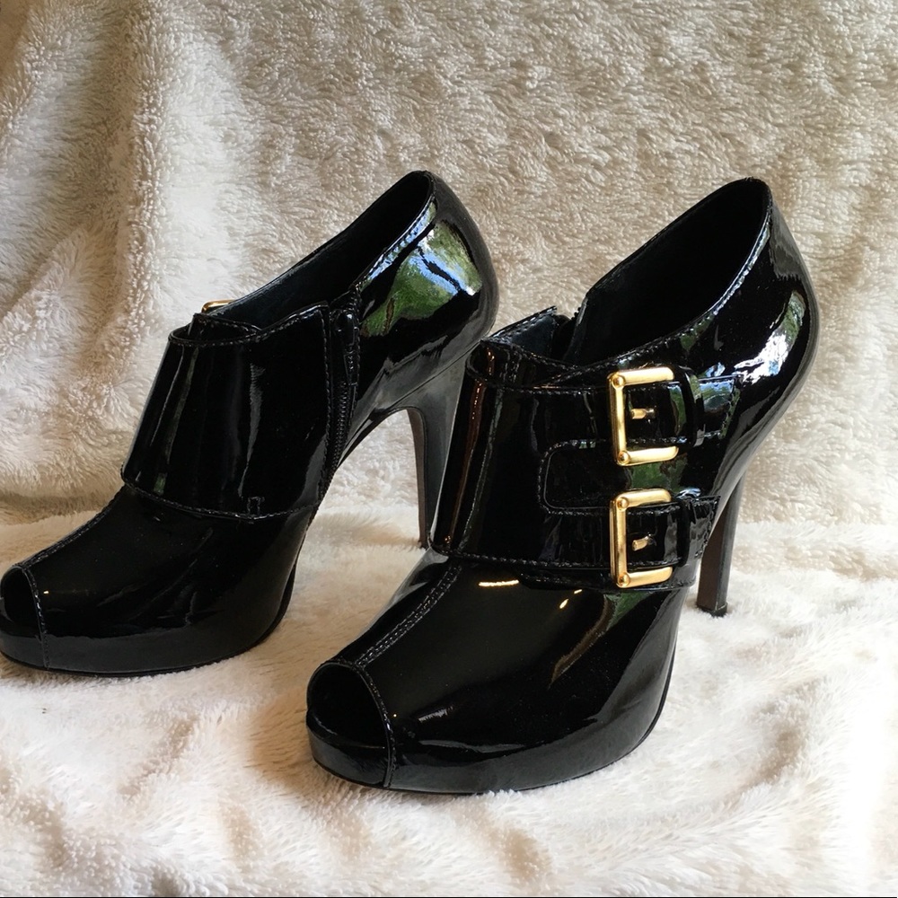 BCBGMAXAZRIA Black Patent Peep Toe Booties, Size 8 1/2